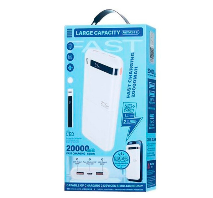 Портативный внешний аккумулятор REMAX RPP-72 Piloteer Series 20000mAh PD+QC Fast Charging Power Bank(PD 20W+QC 22.5W) с быстрой зарядкой Black