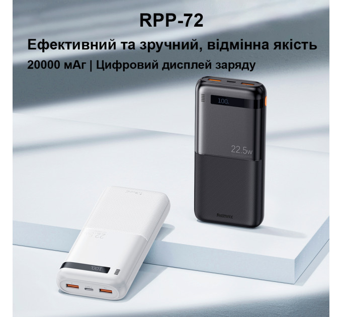 Портативный внешний аккумулятор REMAX RPP-72 Piloteer Series 20000mAh PD+QC Fast Charging Power Bank(PD 20W+QC 22.5W) с быстрой зарядкой Black