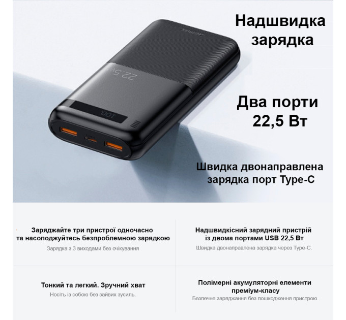 Портативный внешний аккумулятор REMAX RPP-72 Piloteer Series 20000mAh PD+QC Fast Charging Power Bank(PD 20W+QC 22.5W) с быстрой зарядкой Black