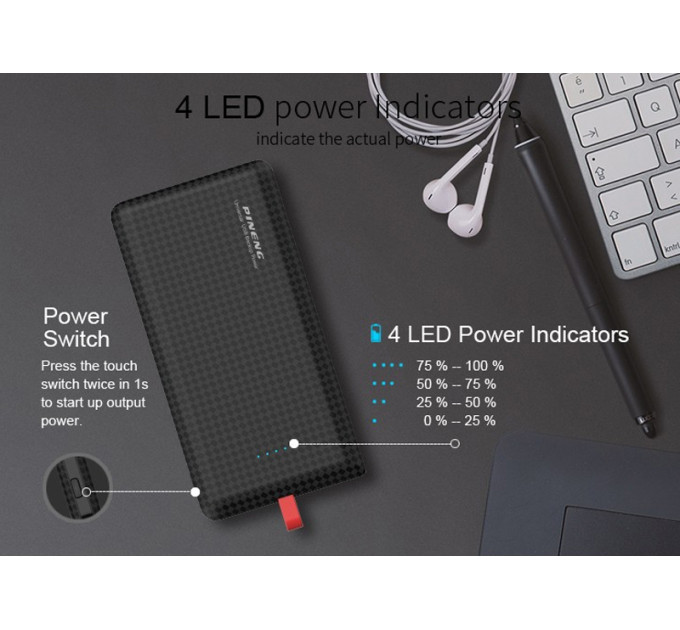 Зовнішній акумулятор Power Bank Pineng PN-851 із вбудованим кабелем, 10000 mAh Black