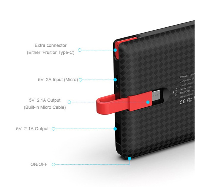 Зовнішній акумулятор Power Bank Pineng PN-851 із вбудованим кабелем, 10000 mAh Black