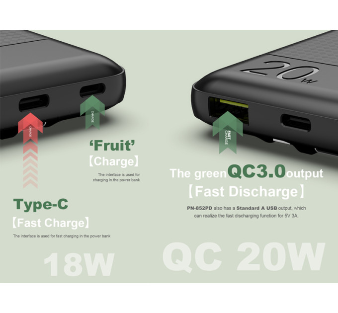 Зовнішній акумулятор Power Bank Pineng PN-852 PD 10000mAh QC 3.0 + 20W PD Fast Charging Power Bank, Black