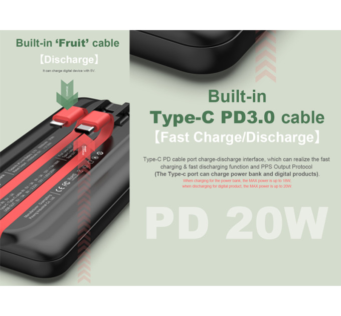 Зовнішній акумулятор Power Bank Pineng PN-852 PD 10000mAh QC 3.0 + 20W PD Fast Charging Power Bank, Black