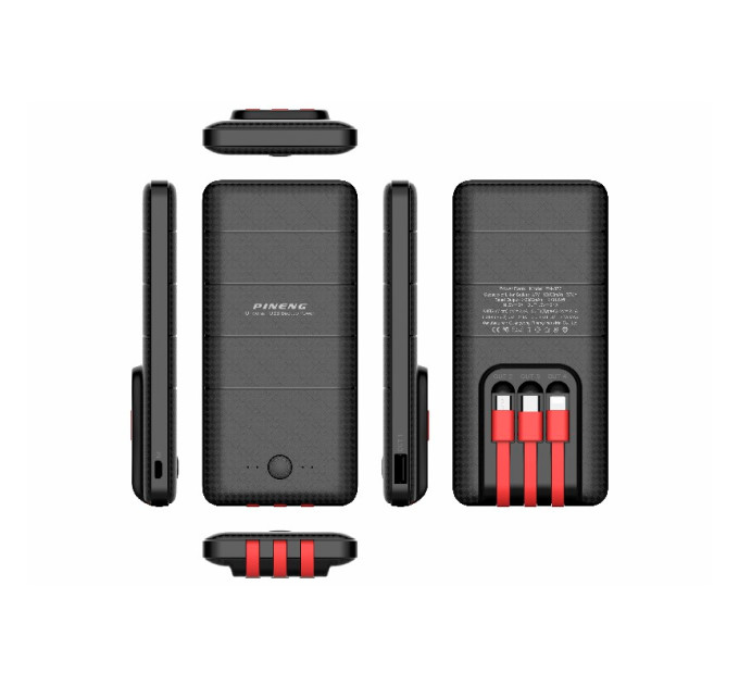 Зовнішній акумулятор Power Bank Pineng PN-857 із вбудованим Micro USB/Lightning/Type-C/USB кабелем, 10000 mAh Black(Red cable)