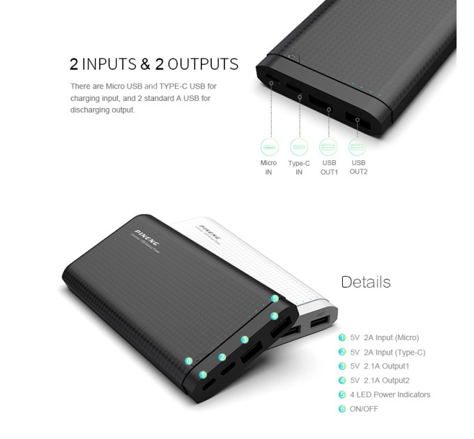 Зовнішній акумулятор Power Bank Pineng PN-931 10000 mAh Black
