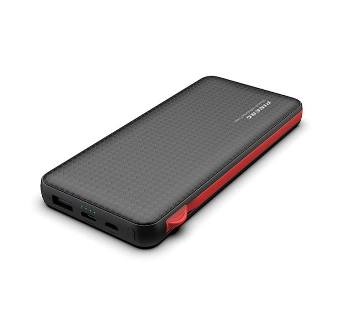 Зовнішній акумулятор Power Bank Pineng PN-972 із вбудованим Micro USB/Lightning/Type-C/USB кабелем, 10000 mAh Black(Red cable)