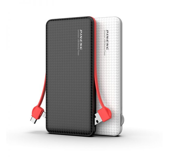 Зовнішній акумулятор Power Bank Pineng PN-972 із вбудованим Micro USB/Lightning/Type-C/USB кабелем, 10000 mAh Black(Red cable)