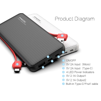 Зовнішній акумулятор Power Bank Pineng PN-972 із вбудованим Micro USB/Lightning/Type-C/USB кабелем, 10000 mAh Black(Red cable)