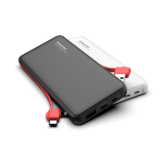 Зовнішній акумулятор Power Bank Pineng PN-972 із вбудованим Micro USB/Lightning/Type-C/USB кабелем, 10000 mAh Black(Red cable)