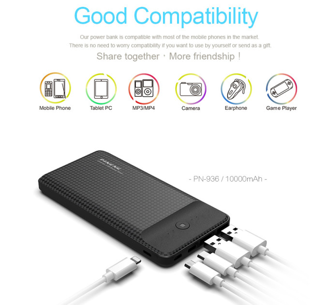 Зовнішній акумулятор Power Bank Pineng PN-936 10000 mAh 3 Input & 2 Output Black