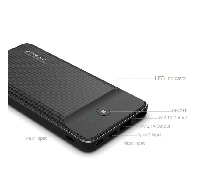 Зовнішній акумулятор Power Bank Pineng PN-936 10000 mAh 3 Input & 2 Output Black